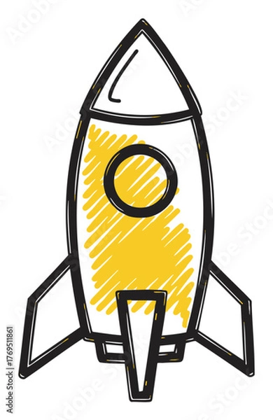 Obraz Black outline vector icon of a simple rocket ship with yellow shading on the body and fins, representing space exploration and innovation.