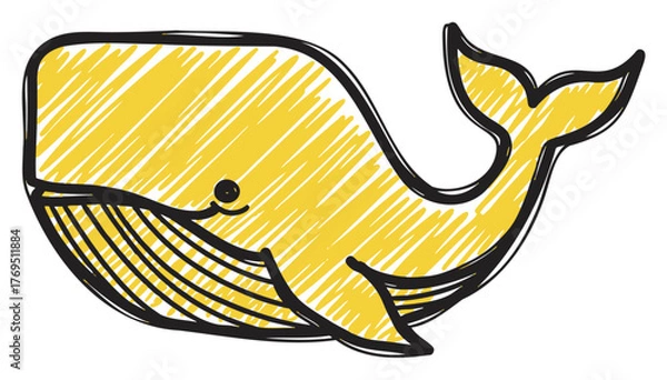 Obraz Hand-drawn yellow whale with black outline, featuring textured shading and a smiling expression.
