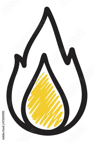 Obraz Black outline icon of a stylized flame with a yellow scribble texture inside, representing fire or heat concepts.
