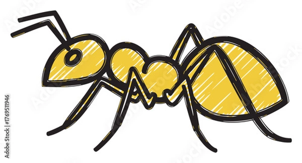 Obraz Colorful sketched illustration of a yellow ant with bold black outlines, showcasing its distinctive segmented body and legs.