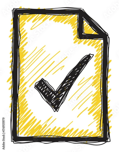 Obraz Hand-drawn sketch of a paper page with a large check mark, outlined in black and filled with yellow shading.