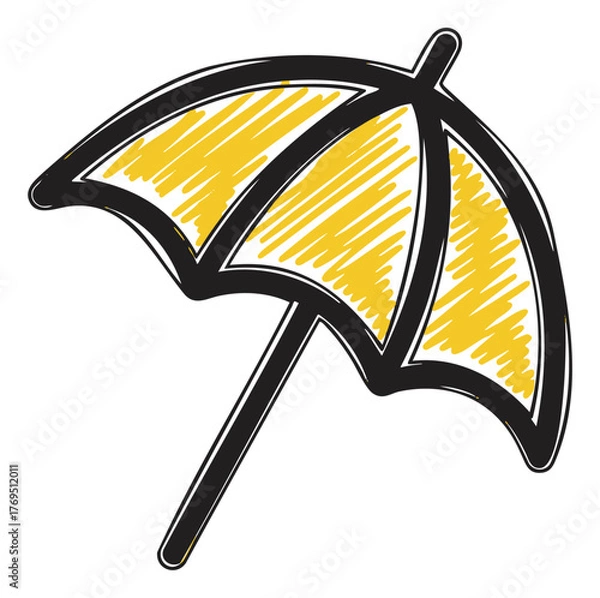 Obraz Black outline vector icon of a simple sun umbrella with yellow shading, designed for beach and summer concepts.