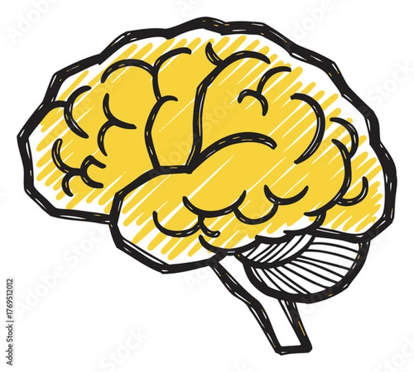Obraz Colorful hand-drawn illustration of a stylized brain with bold yellow scribbles and black outlines, showcasing artistic creativity and abstract thinking.