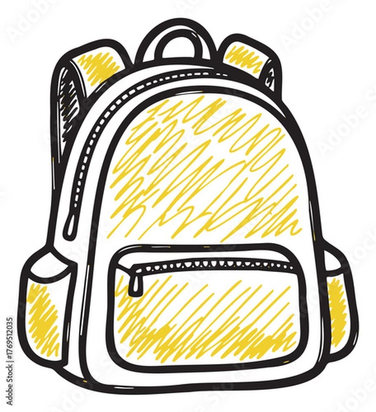 Obraz Hand-drawn sketch of a backpack with a front pocket and side pouches, featuring yellow shaded accents for a dynamic, playful appearance.