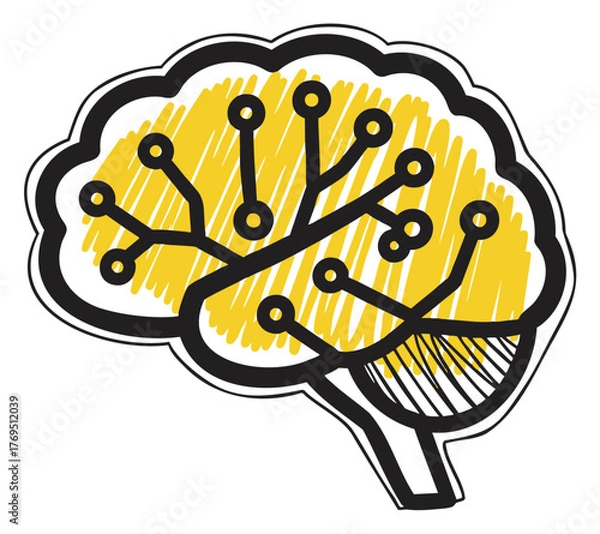 Obraz Simple line-drawn brain icon with yellow scribbles and black circuit connections, symbolizing technology and creativity.