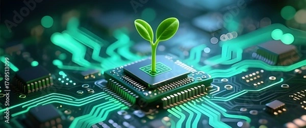 Fototapeta Environment and Technology Concept – Green Seedling Growing from Microchip Circuit Board.
