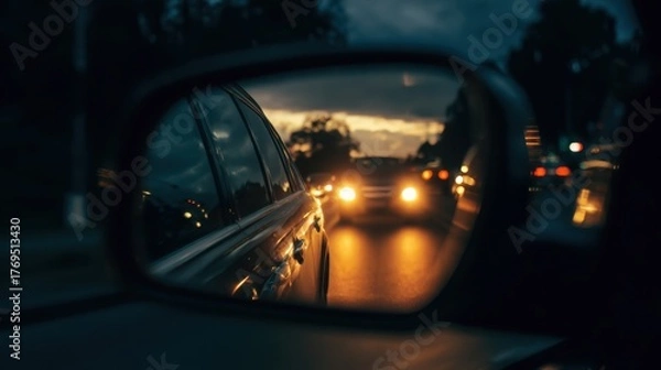 Fototapeta rearview mirror capturing a following car with headlights on, dusk scene, strong cinematic tone, shallow depth of field