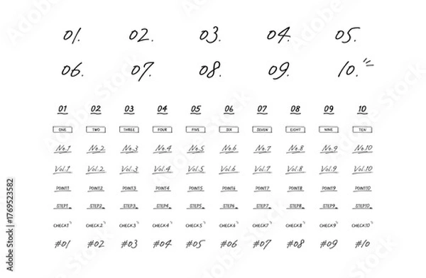Obraz シンプルな手書きの数字あしらいセット　塗りなし