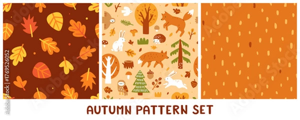 Fototapeta Autumn forest pattern set. Seamless fall print collection.