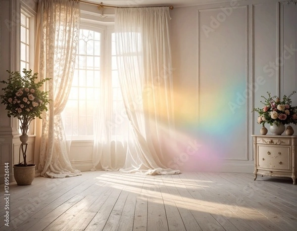 Obraz レースのカーテンと虹色の光