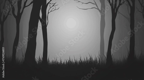 Fototapeta Eerie Moonlight in a Dark Forest Silhouette with Fog and Tall, Spooky Trees