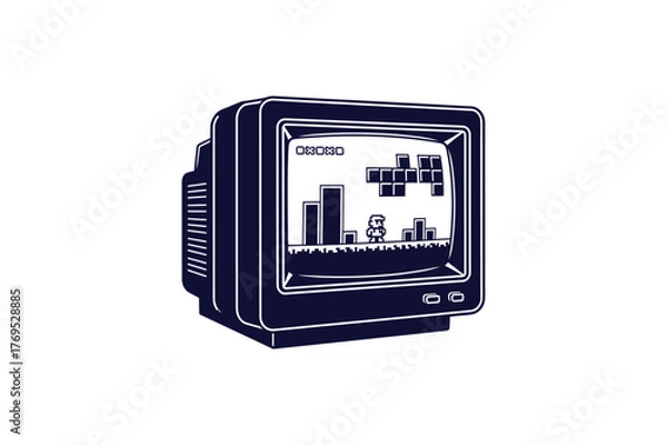 Obraz Retro 80s crt monitor with pixelated video game graphics vintage technology illustration