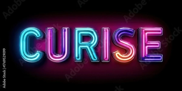 Fototapeta A vibrant neon sign spelling "CURISE" in multicolored lights against a dark background.