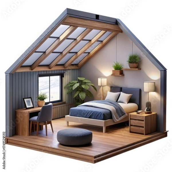 Obraz 3d cozy bedroom diorama with skylight and desk