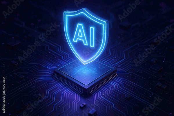 Fototapeta Blue AI shield symbol glowing on a dark circuit board with purple accents artificial intelligence protection