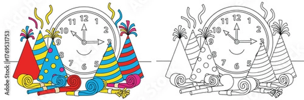 Fototapeta New Year celebration hats and party blowers in front of a smiling clock illustration and festive design resources.