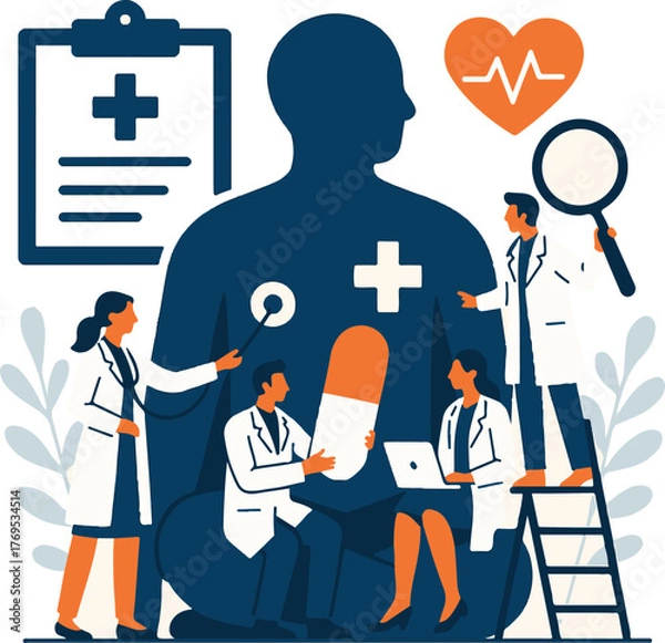Fototapeta  Creative Team of Doctors Performing Patient Check-Up in Flat Three-Color Vector Style
