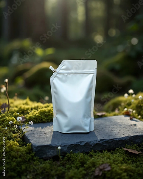 Obraz White blank stand-up pouch on stone in forest environment