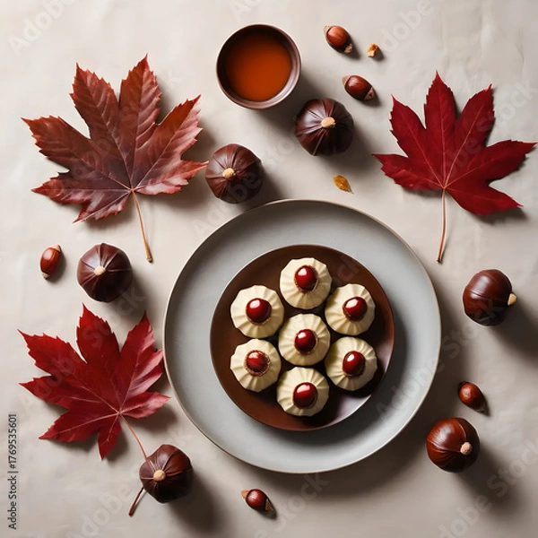 Fototapeta Delicious autumn treats with maple leaves, chestnuts, and a warm drink,