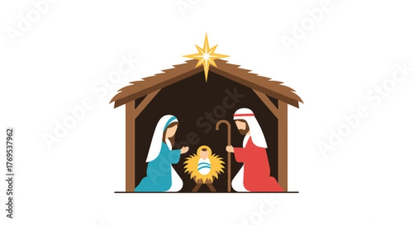 Fototapeta Nativity scene with mary, joseph, and baby jesus in a manger