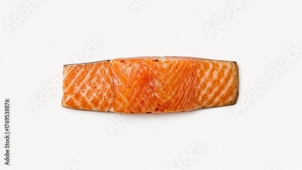 Fototapeta Sliced grilled salmon, top view, flat lay, isolated on white backdrop.