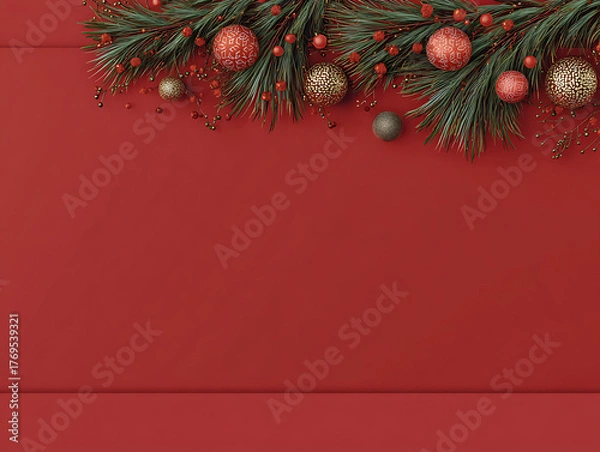 Obraz Red background with Christmas pine needles and colorful shiny baubles creating a festive, cozy, and joyful holiday decoration