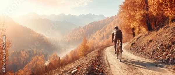 Obraz Person riding a bicycle on a winding dirt road through an autumn forest with misty mountains in the distance during golden hour sunlight.