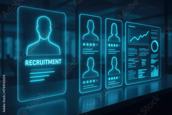 Fototapeta Futuristic digital display showing recruitment profiles and data analysis interface