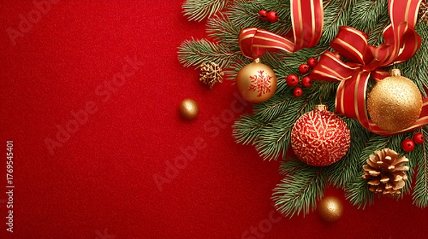 Obraz Red background with Christmas pine needles and colorful shiny baubles creating a festive, cozy, and joyful holiday decoration