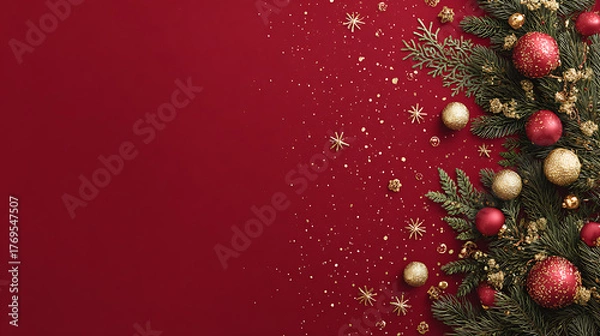 Obraz Red Christmas backdrop with decorative pine branches and sparkling ornaments symbolizing warmth, joy, and holiday spirit