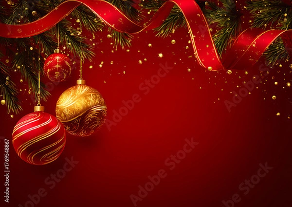 Obraz Red Christmas backdrop with decorative pine branches and sparkling ornaments symbolizing warmth, joy, and holiday spirit