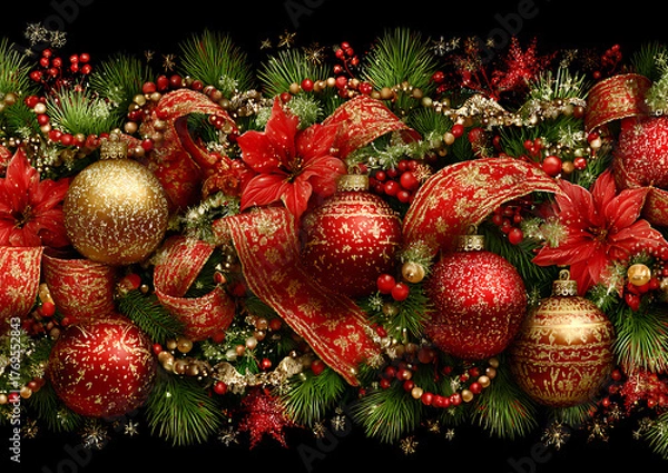 Obraz Red Christmas backdrop with decorative pine branches and sparkling ornaments symbolizing warmth, joy, and holiday spirit