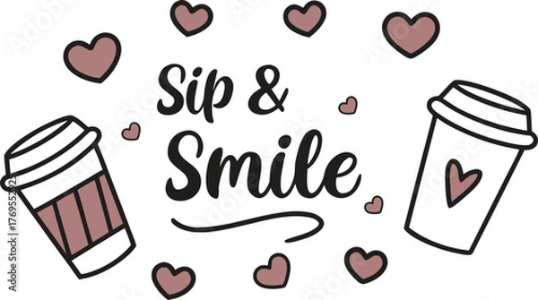 Fototapeta Sip & Smile Two Coffee Cups Surrounded by Hearts, a Whimsical Design