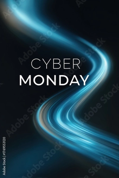 Fototapeta Dynamic blue light trails swirling around central CYBER MONDAY text on black background