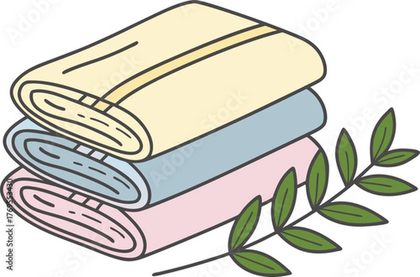 Fototapeta Stack of neatly folded pastel towels with a green sprig of leaves, clean and fresh