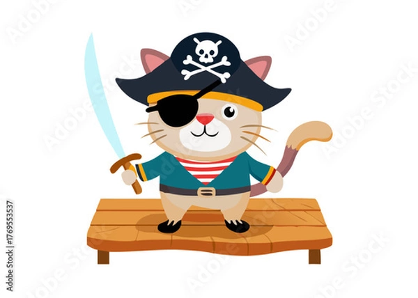 Obraz Pirate Cat on Deck: A spirited, animated pirate cat, adorned with an eye patch, sword, and captain's hat, stands proudly on the deck. Ready to embark on an adventure.