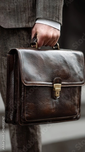 Fototapeta Elegant Businessman Carrying Vintage Brown Leather Briefcase in Formal Attire on Urban Street