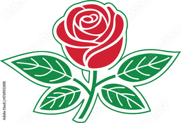 Fototapeta Stylized Red Rose with Green Leaves on a White Background, Simple Floral Icon