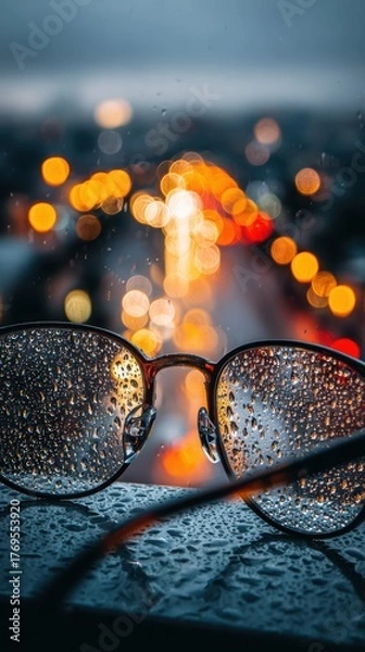 Fototapeta Artistic View through Rain-Drenched Glasses with Blurred City Lights in Background at Dusk