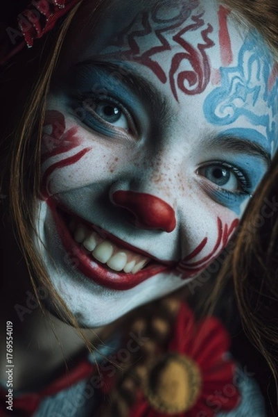 Fototapeta Joyful clown girl with colorful face paint smiling, bright eyes, red nose, and elaborate designs in portrait style