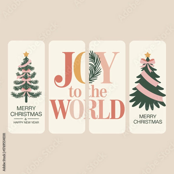 Fototapeta Festive Greetings: Artistic Christmas cards with joyous sentiments adorn, with illustrated trees. 