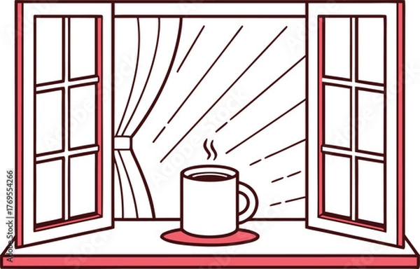 Fototapeta Steaming Coffee Cup on a Windowsill with Open Shutters and Curtains