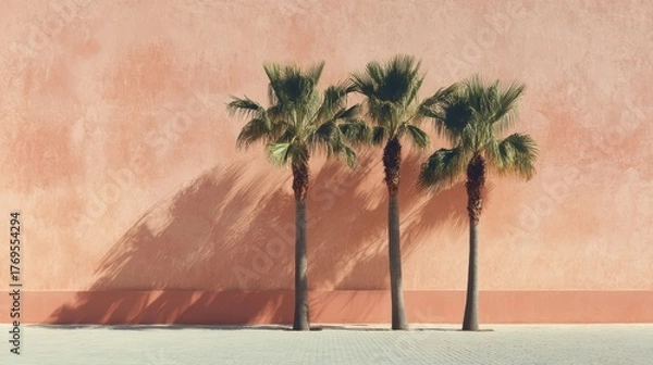 Fototapeta Tropical Palm Trees Against a Colorful Wall in Warm Evening Light for Relaxing and Vacation Themes