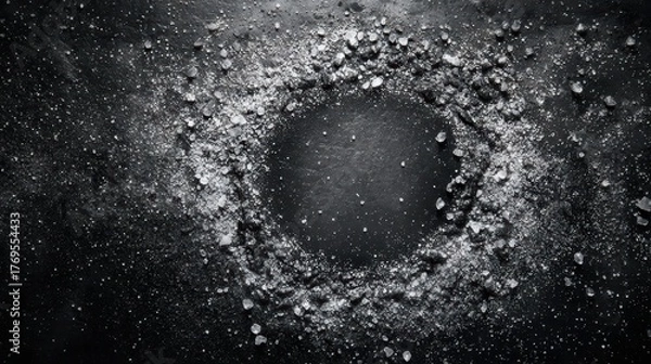 Fototapeta Black Background with Circular Hole Surrounded by Gray and White Powder Texture Creating a Dramatic Scene