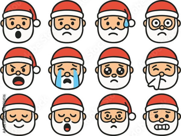 Fototapeta emoji icon sets of Santa Claus in a 2D flat line art style with solid colors (no gradients).