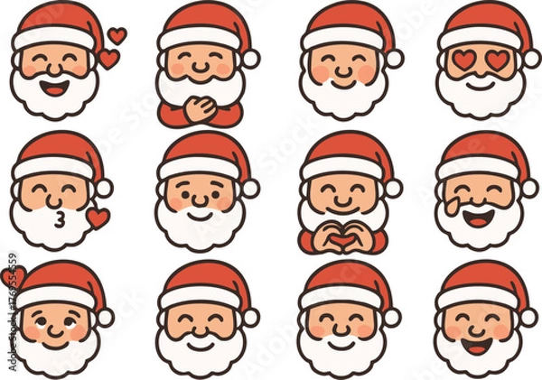 Obraz emoji icon sets of Santa Claus in a 2D flat line art style with solid colors (no gradients).