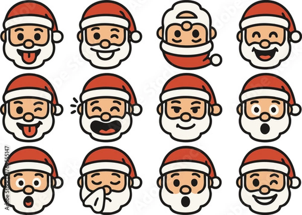 Fototapeta emoji icon sets of Santa Claus in a 2D flat line art style with solid colors (no gradients).