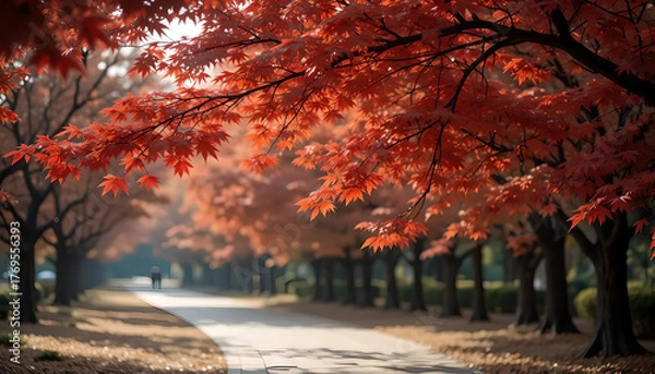 Fototapeta Vibrant Autumn Path with Fiery Maple Leaves