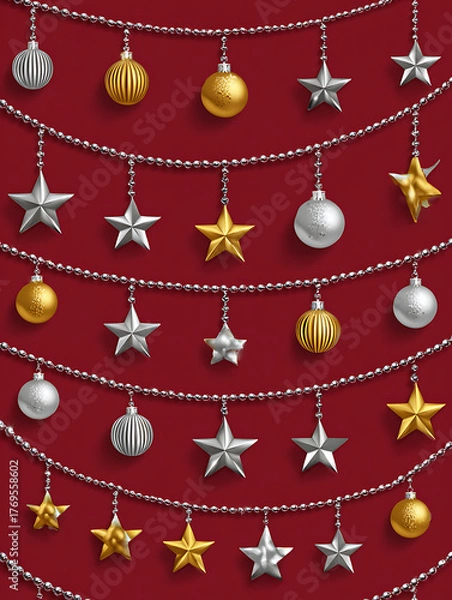 Obraz Elegant red Christmas composition with golden baubles and pine leaves, perfect for holiday greeting cards or festive posters