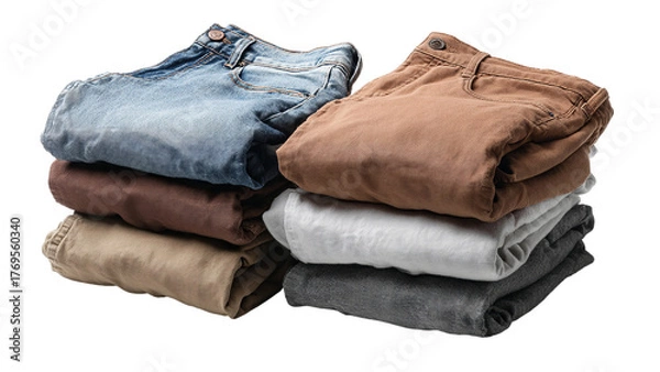 Obraz Stylish stack of folded mens trousers in various colors showcasing casual and modern fashion choices isolated on transparent background